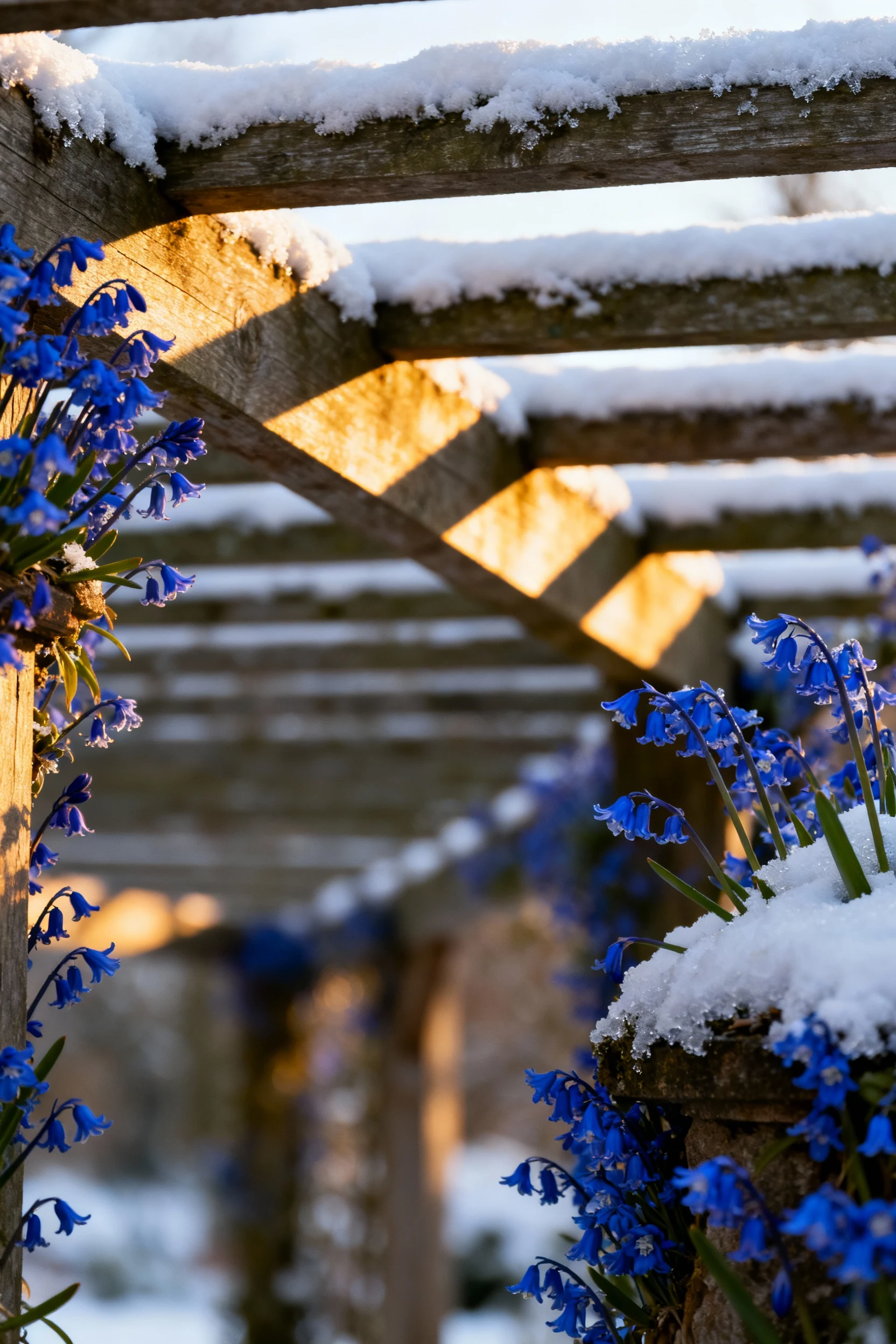 snow-covered pergola framed by deep blue windflowers