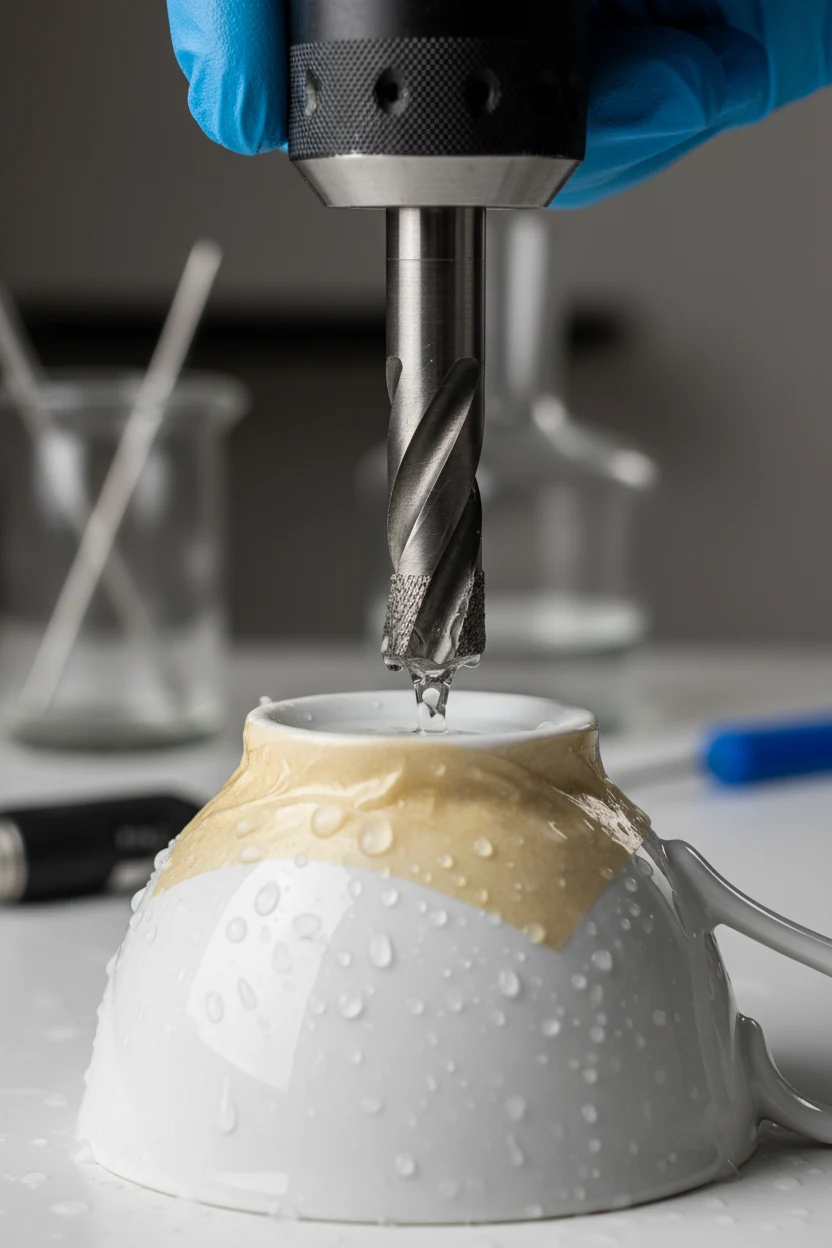 diamond drill bit on taped teacup base, water droplets