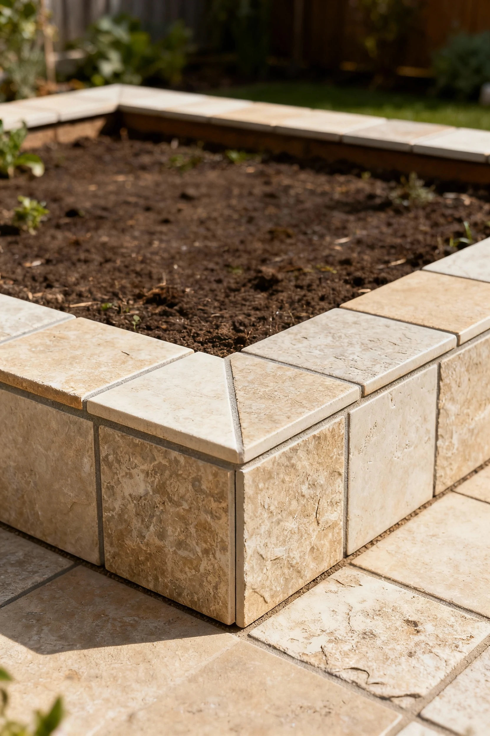 stone-textured tile border around raised garden bed