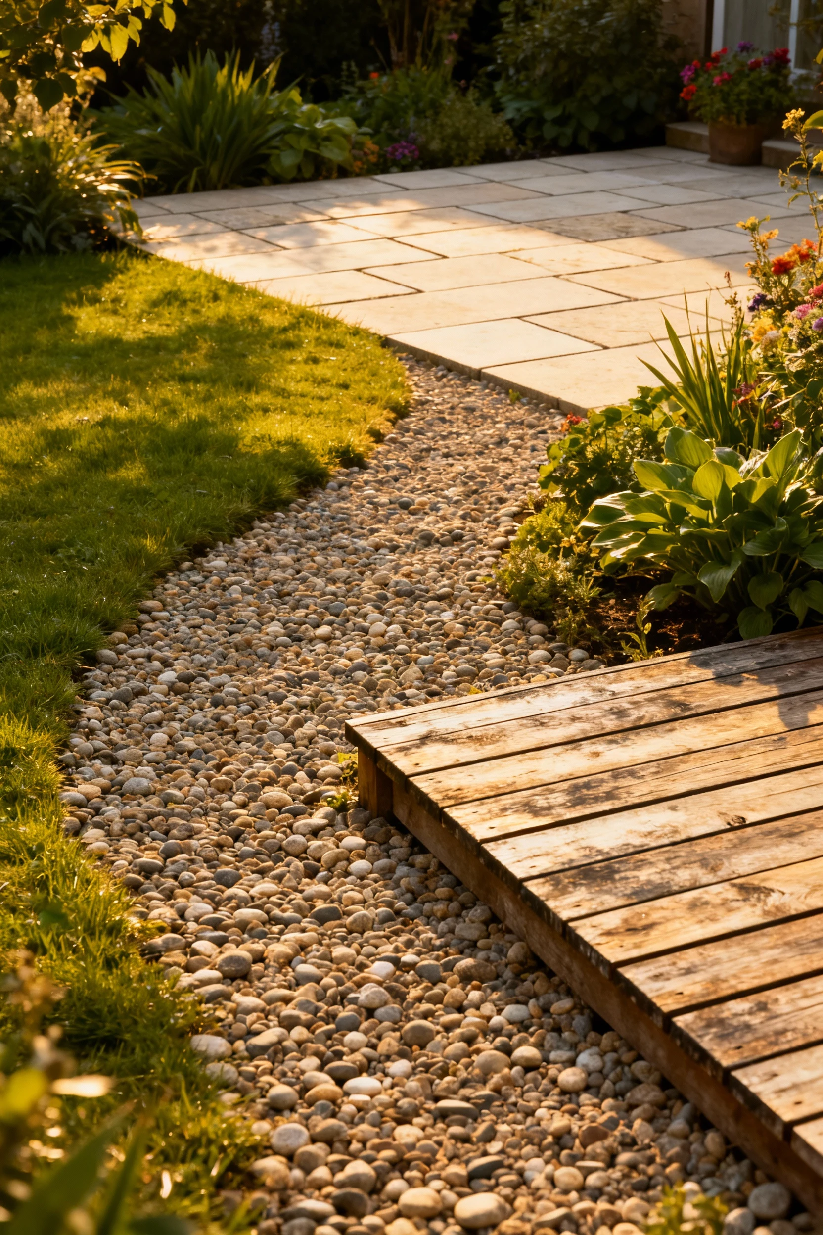 garden scene with gravel path leading to paved patio beside wooden deck
