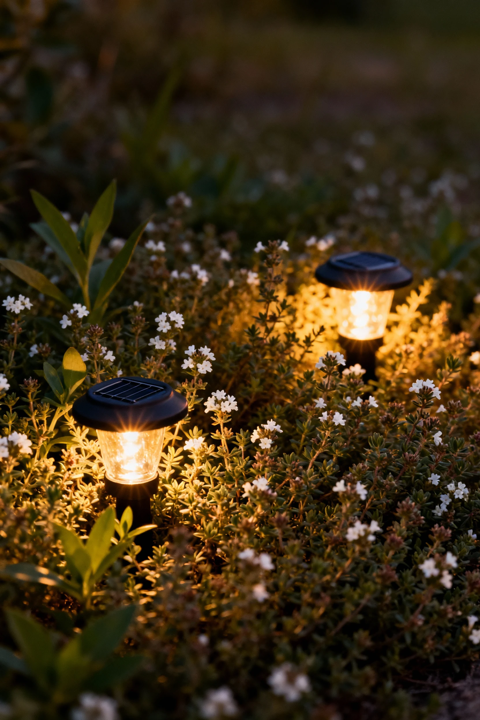 pair of solar lights glowing among creeping thyme at dusk