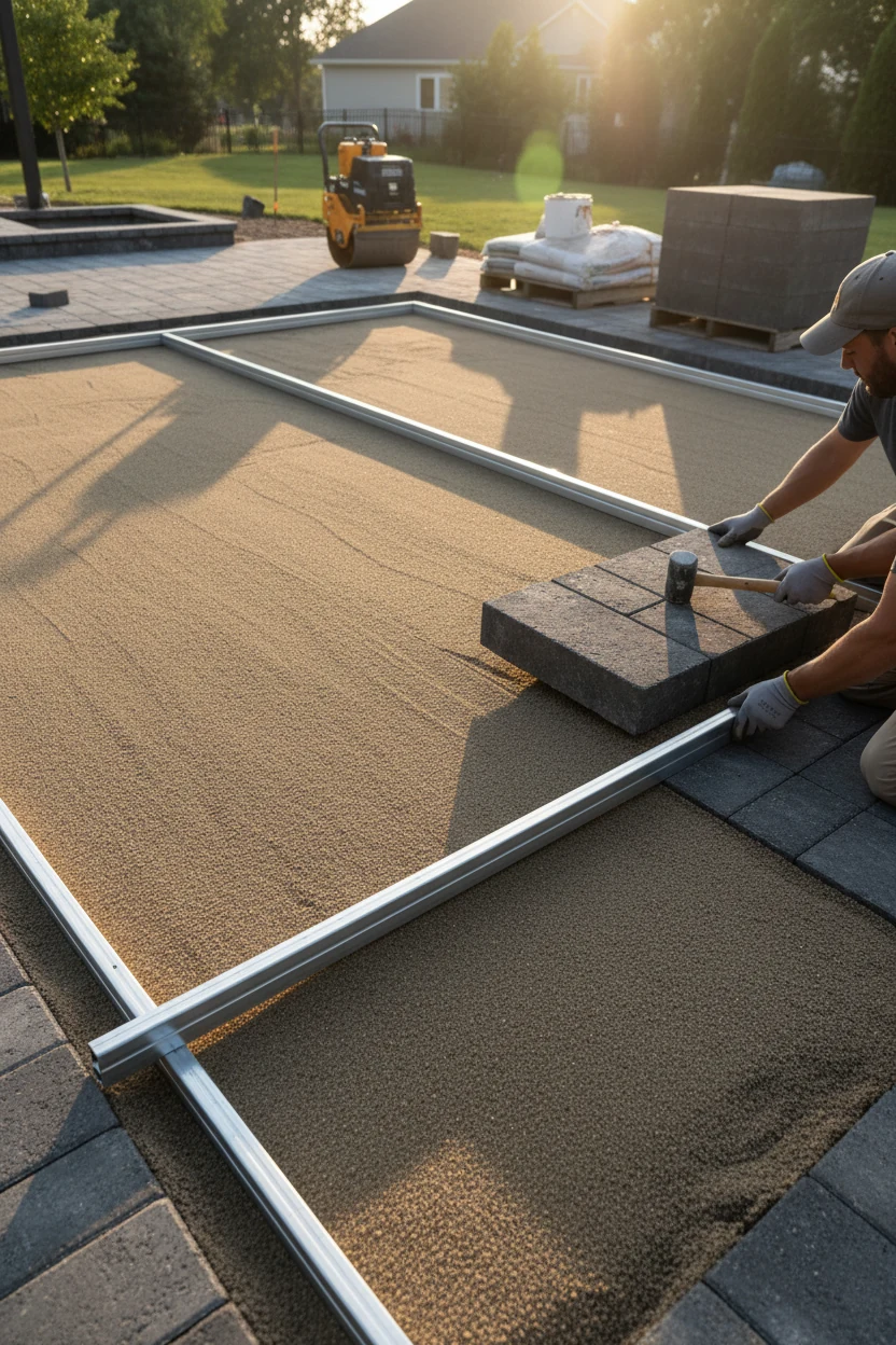 screed rails leveling bedding sand beside 24x36 concrete paver