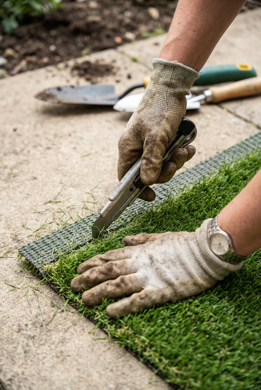 closeup female hands cutting green short-pile turf with utility knife