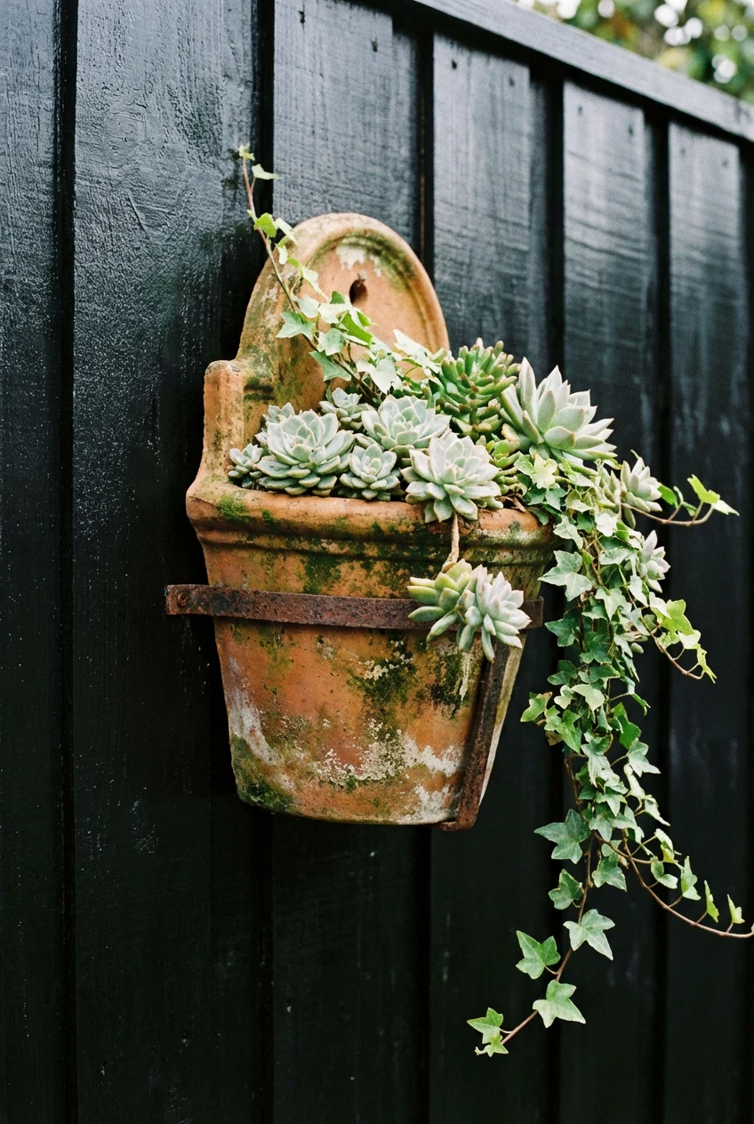 terracotta wall planter on satin black fence, closeup