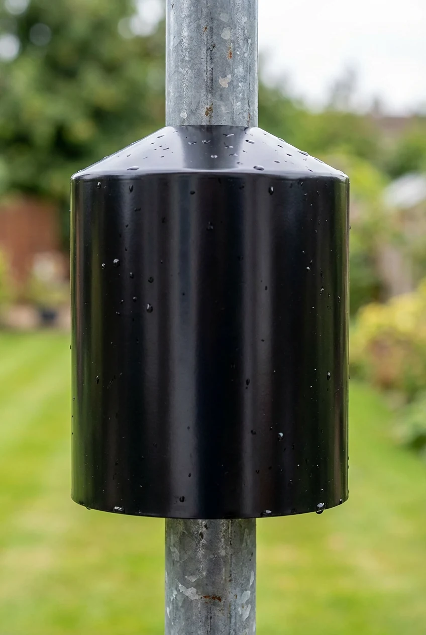 detail of smooth black squirrel baffle on metal pole