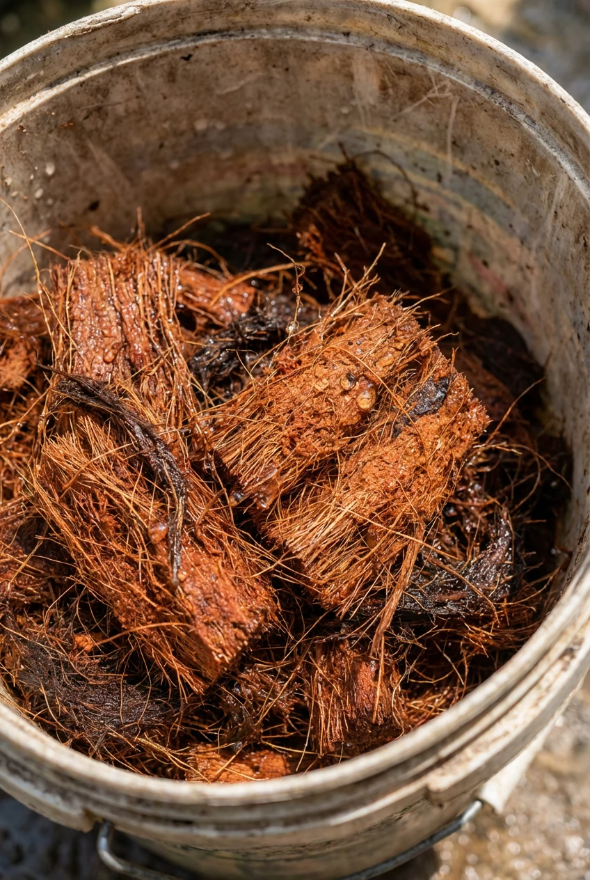 closeup of hydrated reddish-brown coco coir fibers in bucket