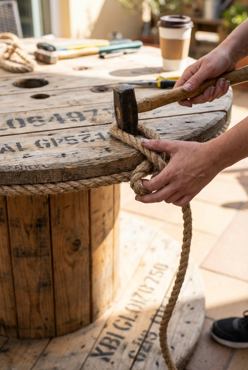 female hands wrapping rope on cable spool table edge