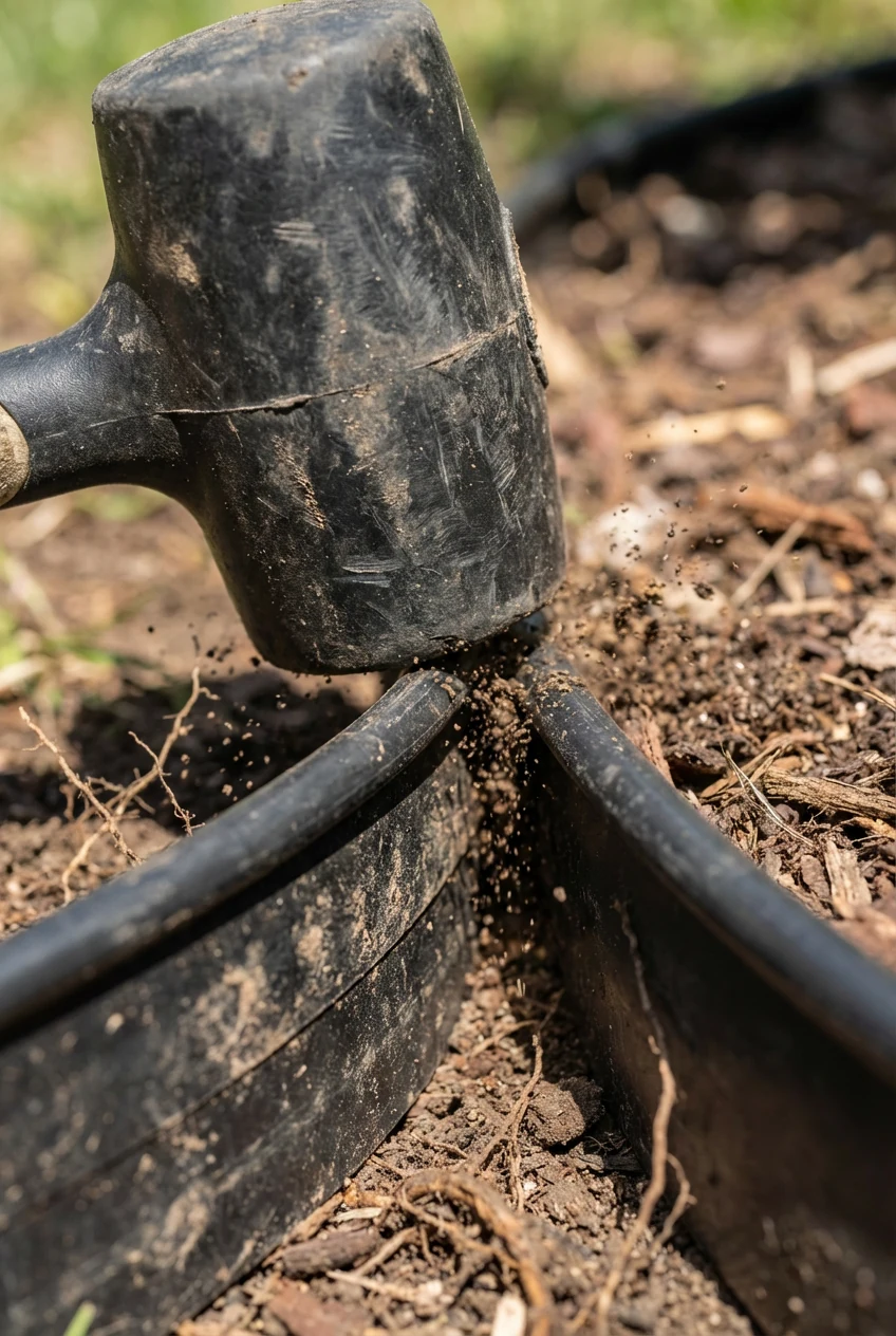 closeup rubber mallet tapping flexible black landscape edging flush