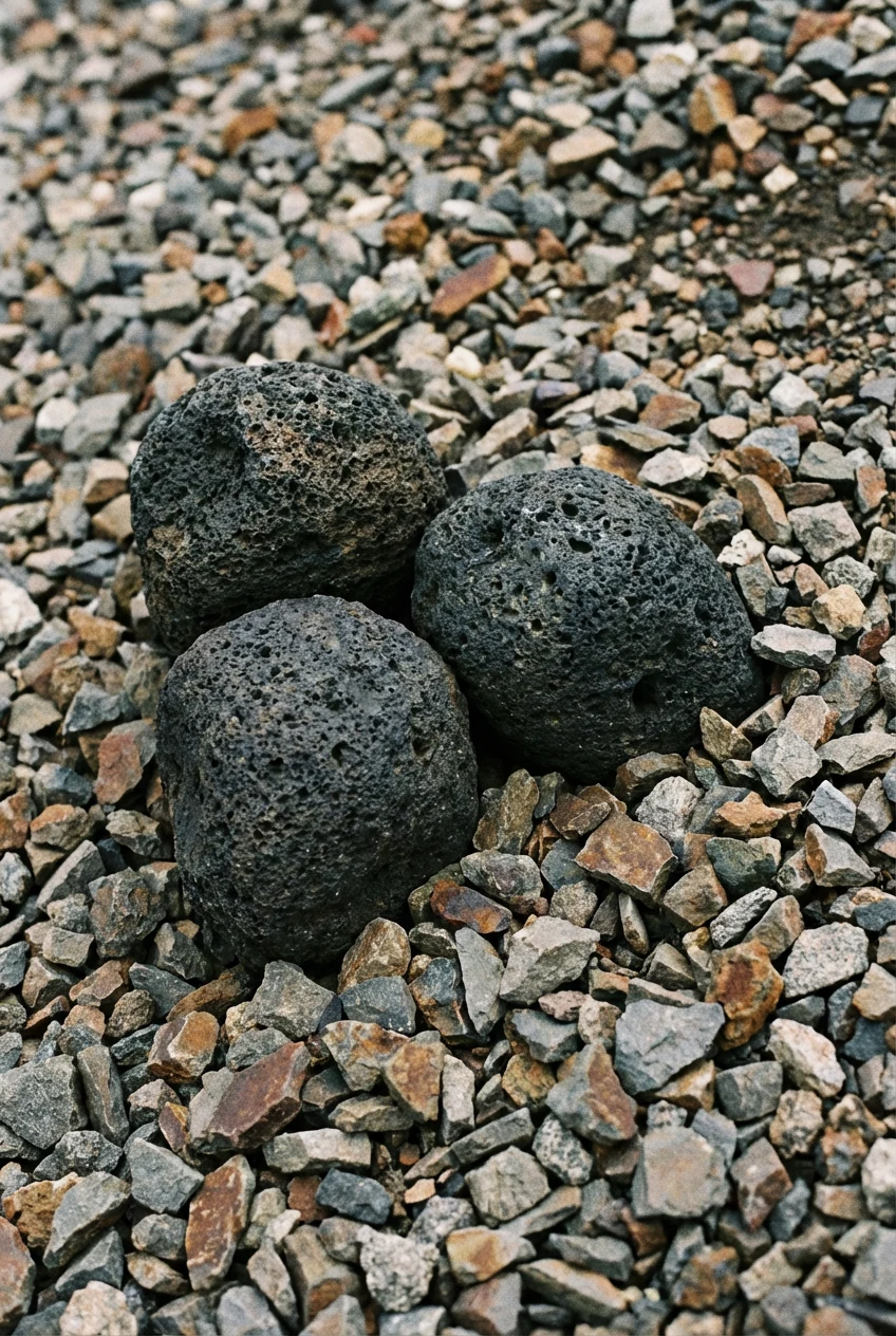 closeup off-center basalt triad partially buried in angular gravel