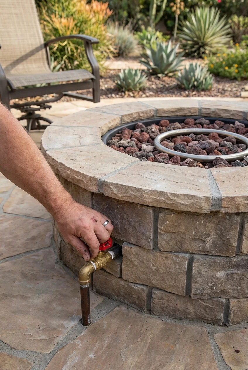 male hand turning gas shutoff valve near fire pit