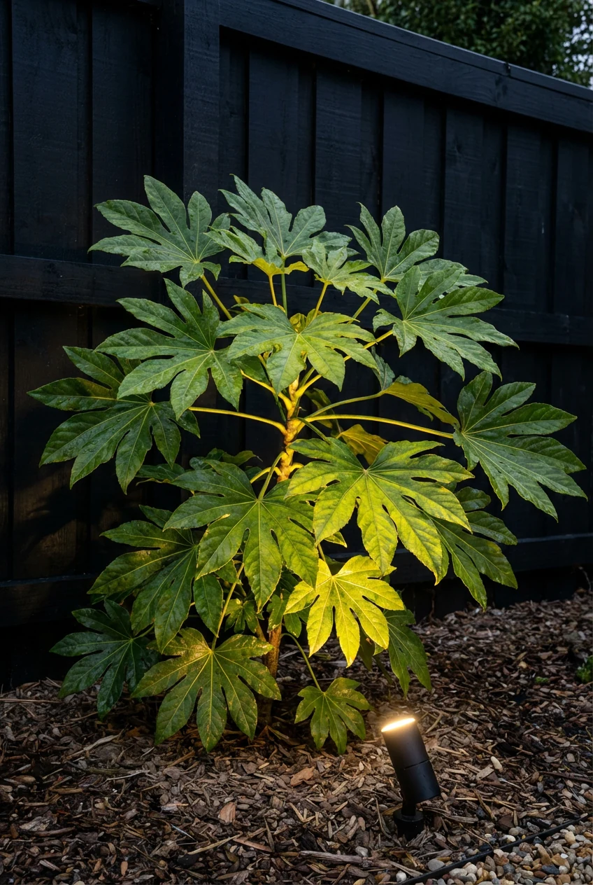 warm white LED uplight grazing Fatsia japonica leaves, black fence