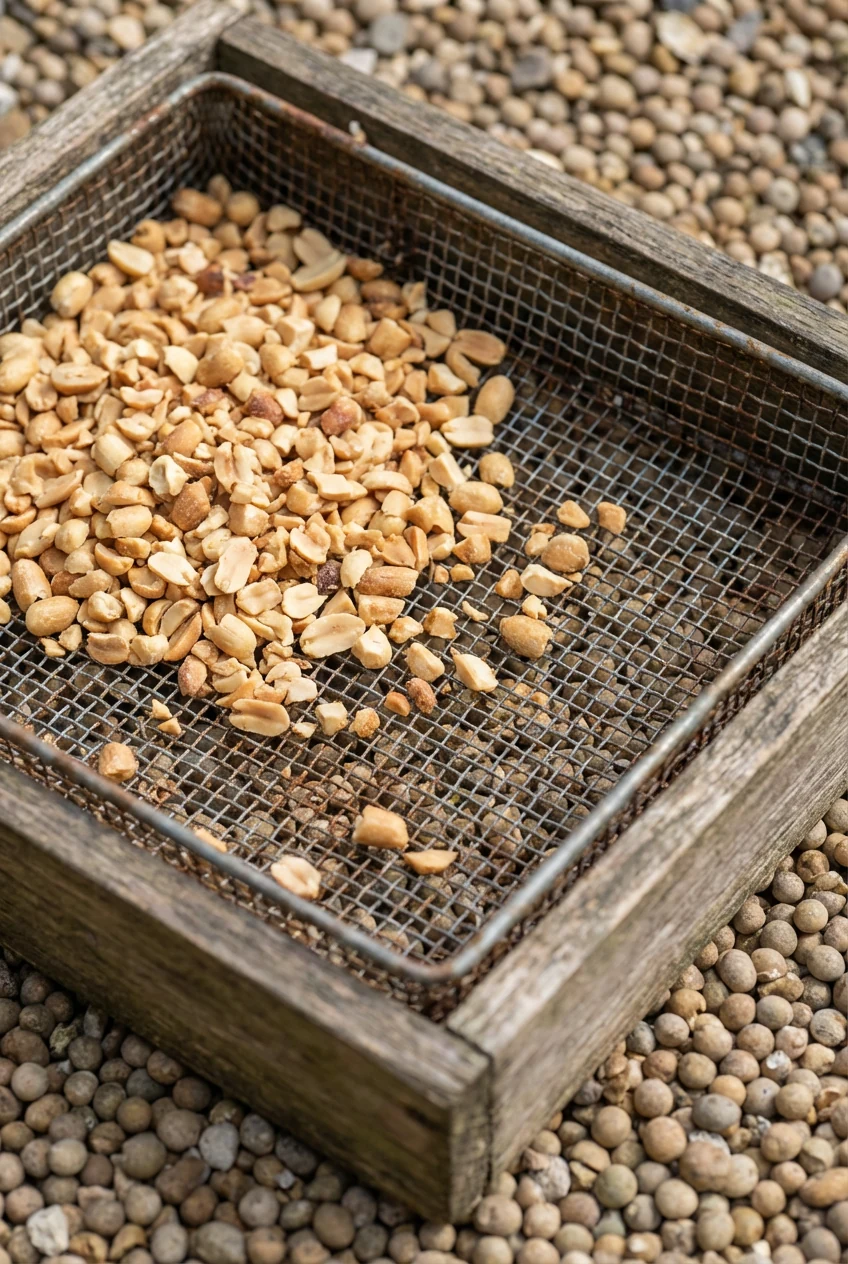 closeup mesh platform feeder holding peanut pieces on pea gravel