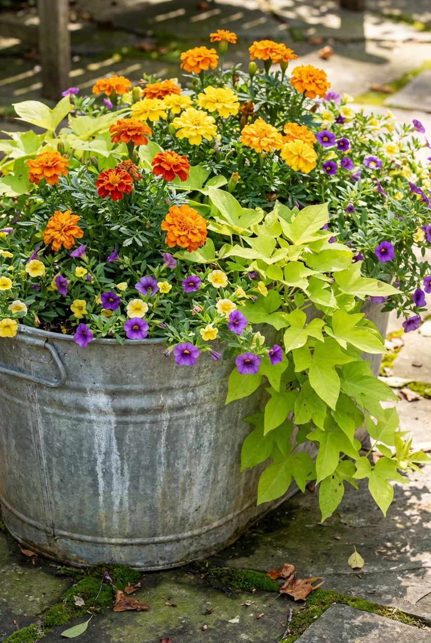 closeup galvanized tub planter, marigolds, calibrachoa, sweet potato vine