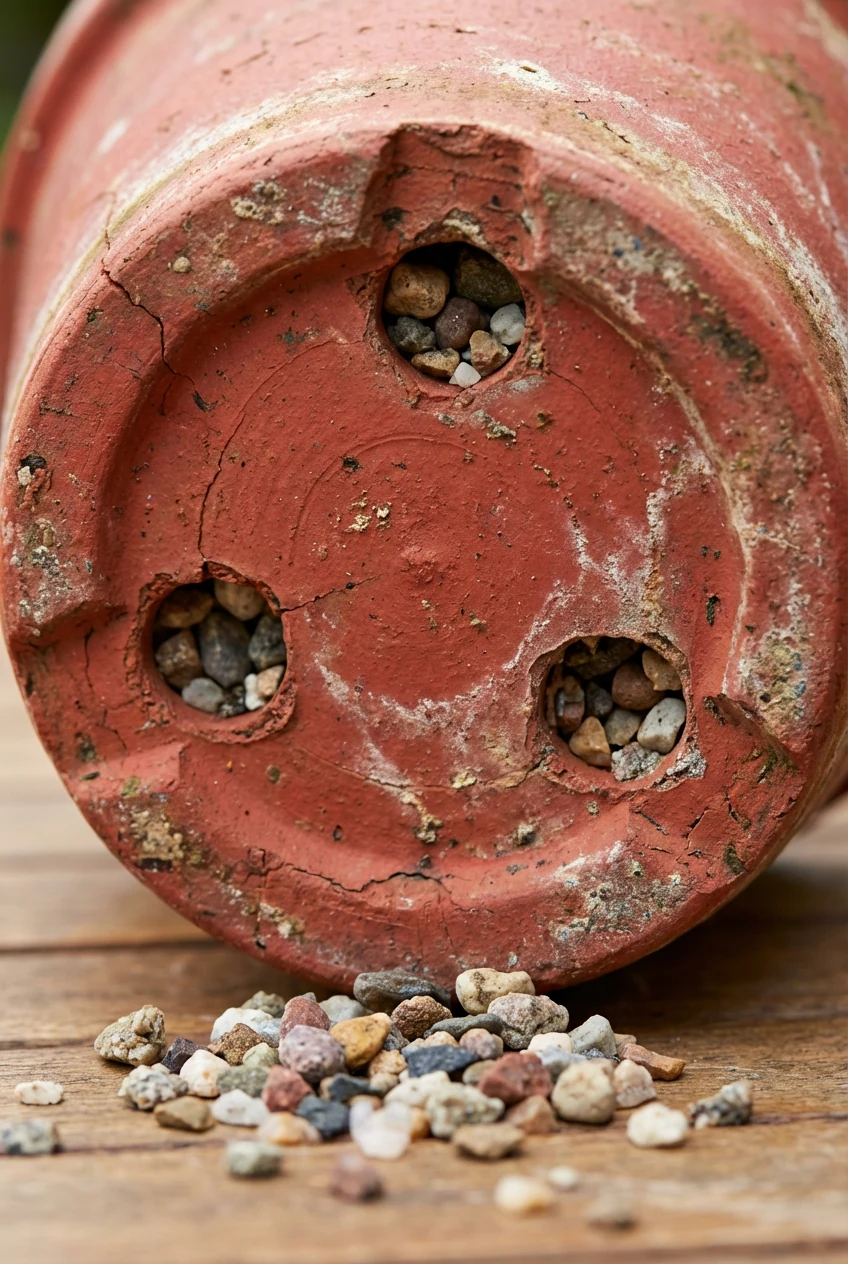 closeup of red terracotta pot drainage holes with gravel