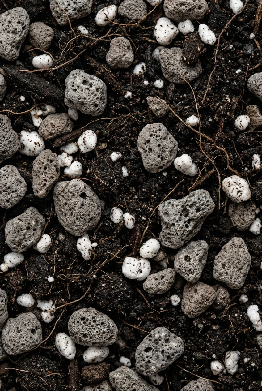 closeup of porous gray pumice and white perlite in soil