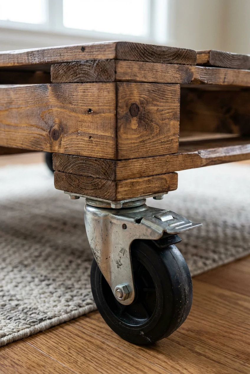 closeup pallet coffee table caster, medium brown stained wood
