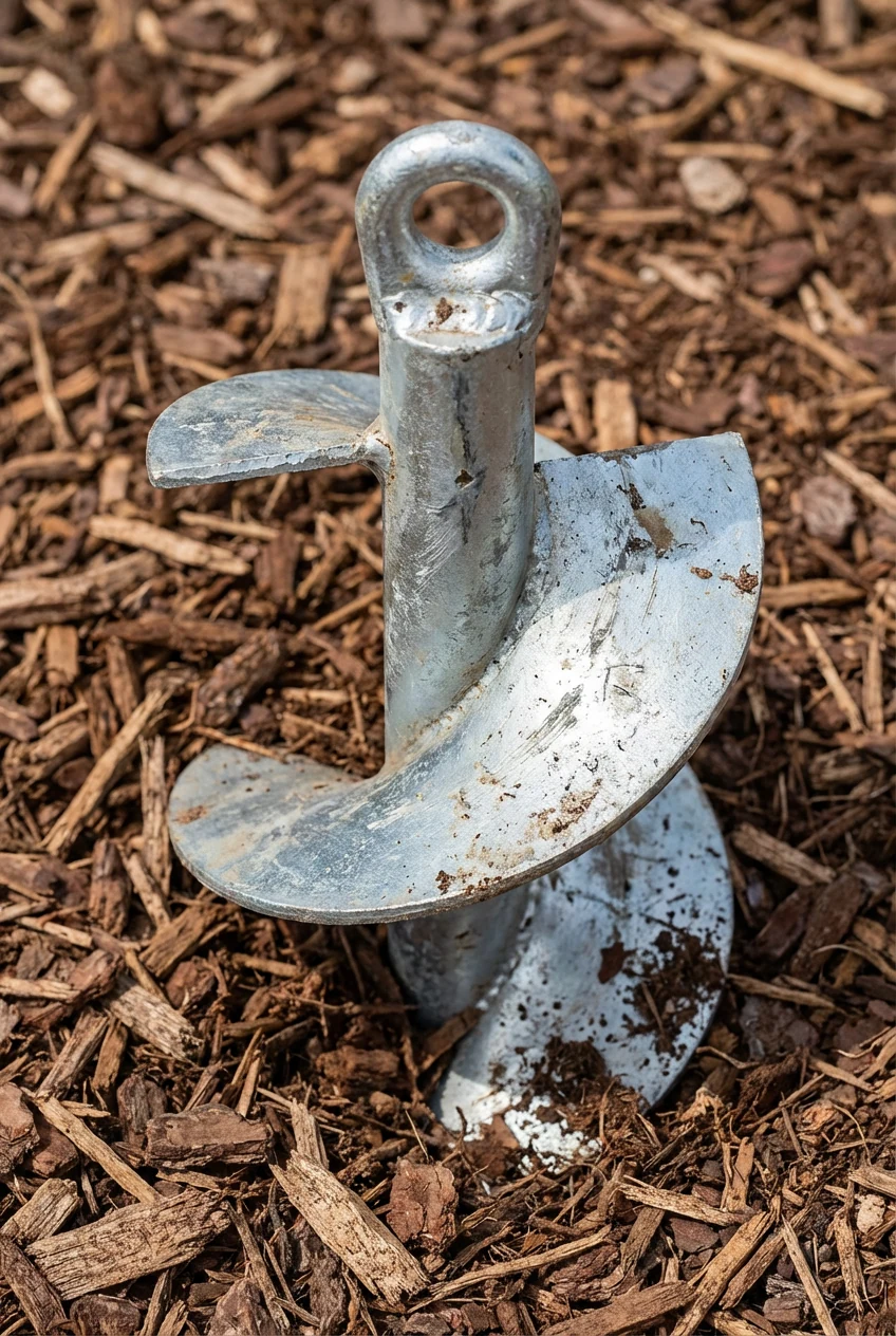 closeup galvanized spiral ground anchor in brown mulch