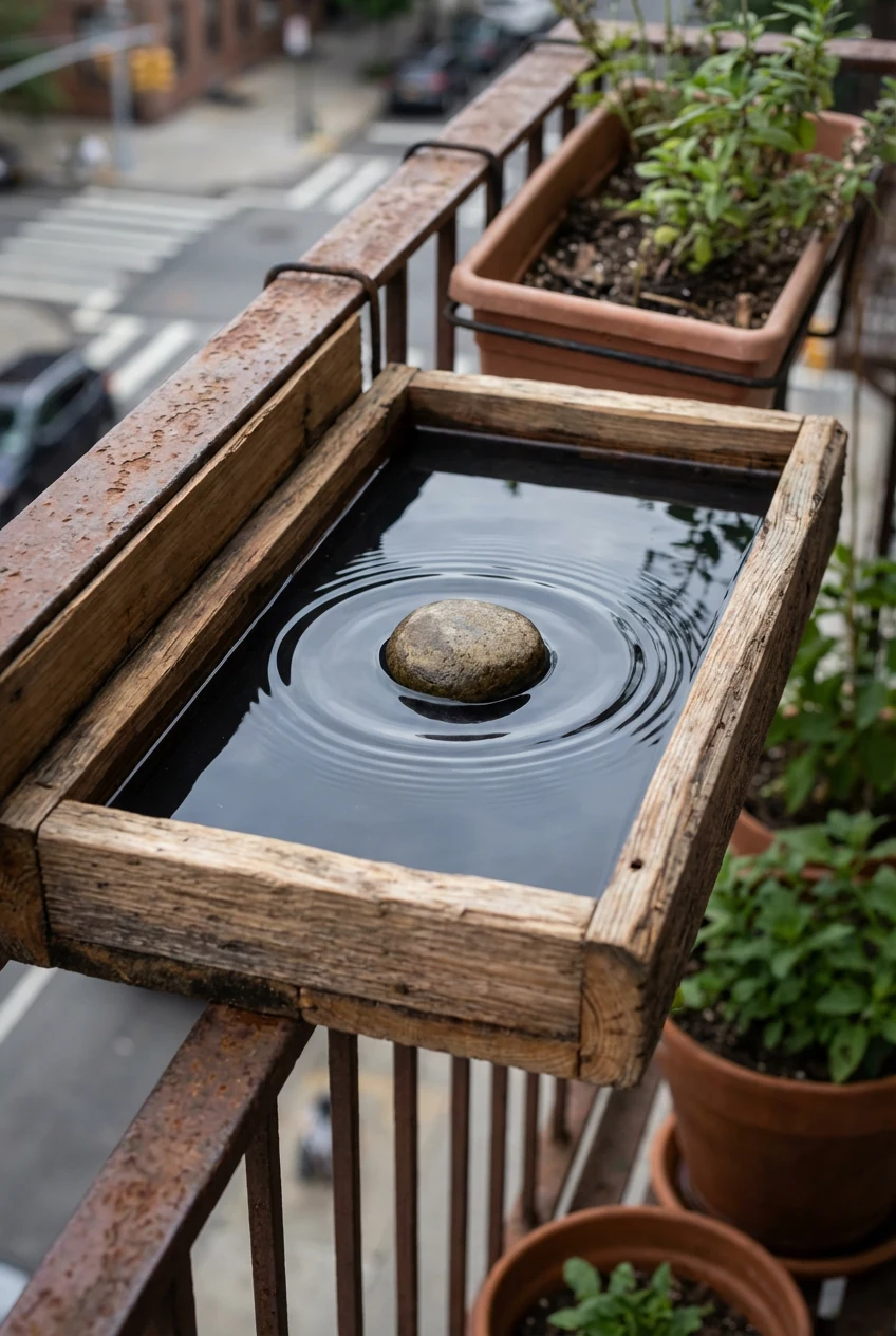 closeup cedar-edged balcony tray, ripple circle around rounded stone