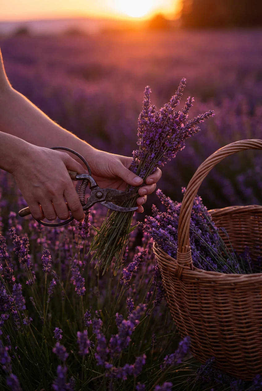 closeup female hands snipping lavender at dusk