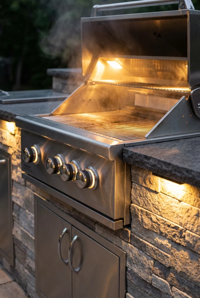 closeup stainless built-in gas grill, 2700K task lighting