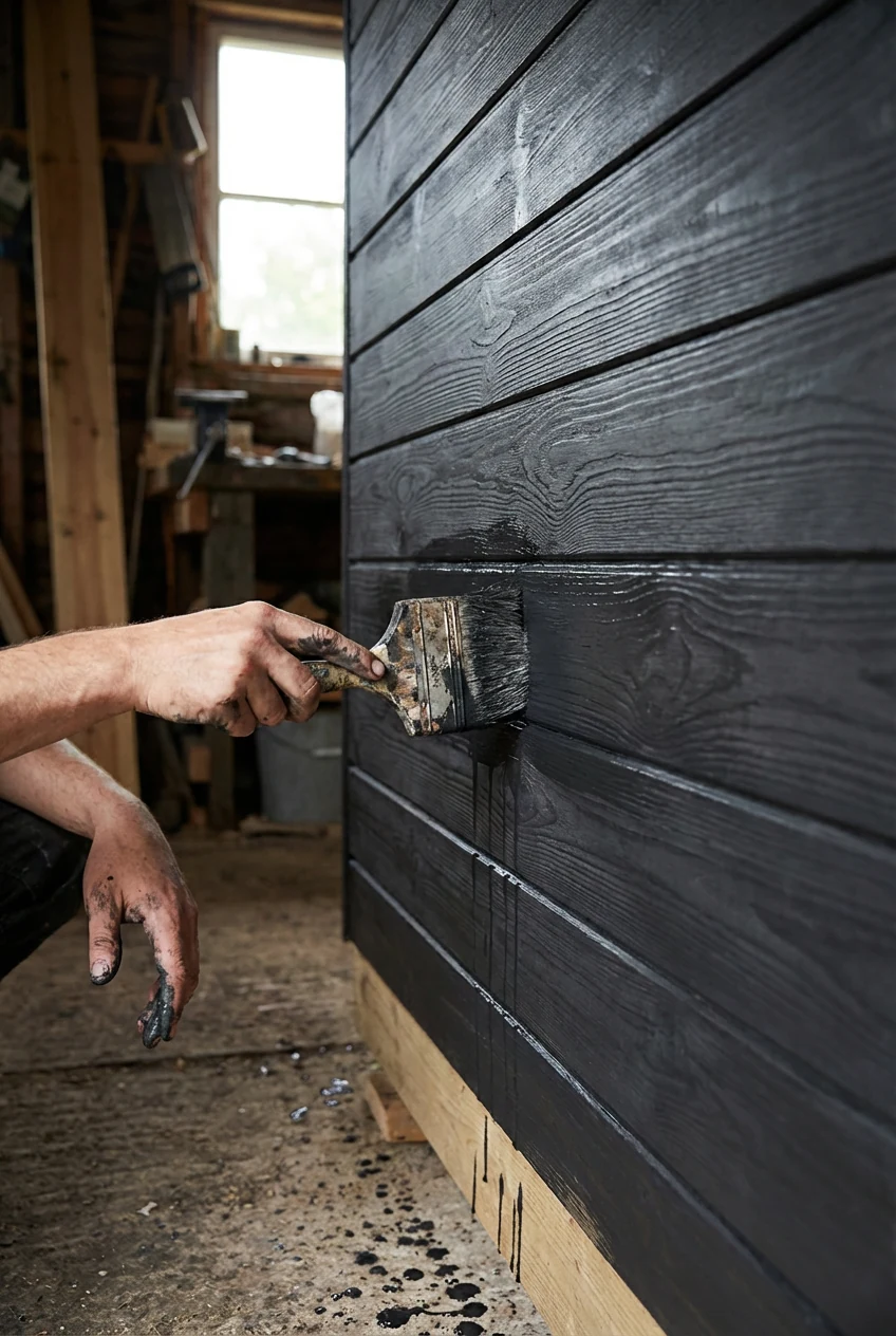 hands brushing opaque charcoal paint on horizontal timber slats
