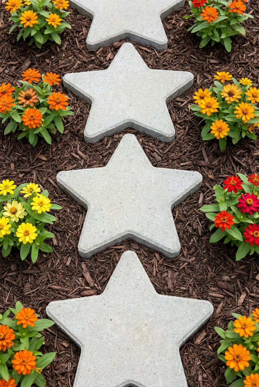 closeup five-point star pavers in dark mulch, dwarf zinnias