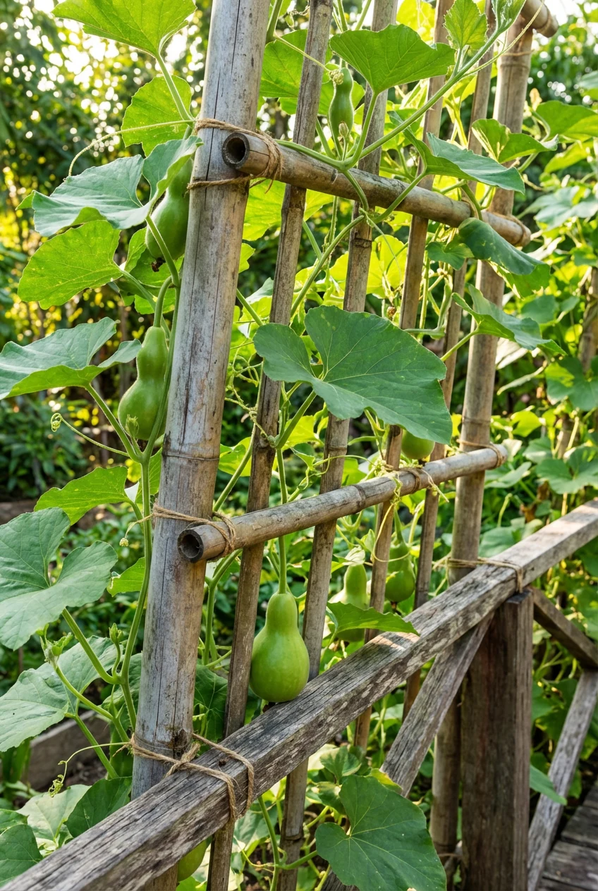 closeup bamboo trellis with bottle gourd vine tied to railing