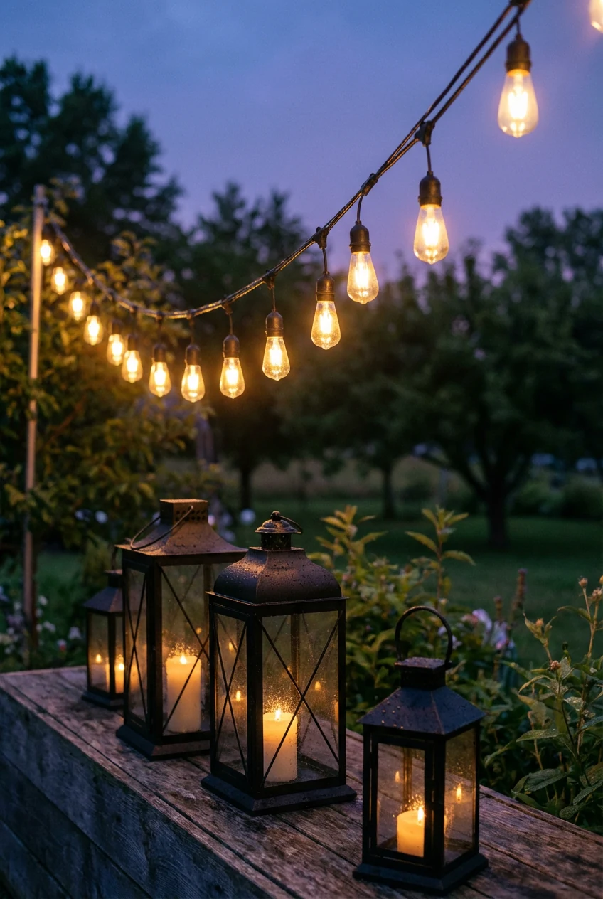 warm white string lights above black metal lanterns, twilight closeup