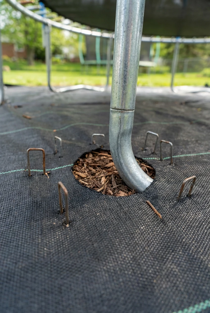 closeup landscape fabric pinned, circular cut around trampoline leg