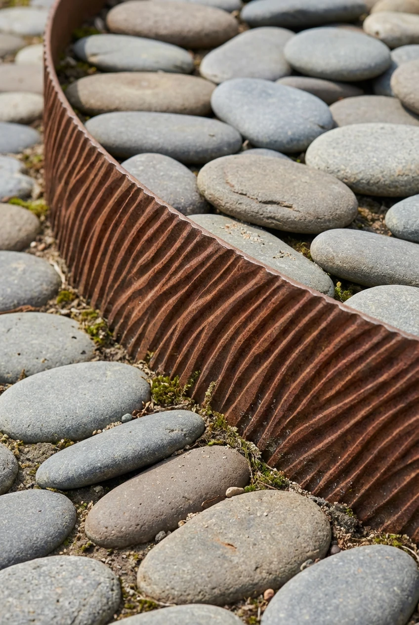 closeup steel edging, diagonal raked waves around flat shoreline stones