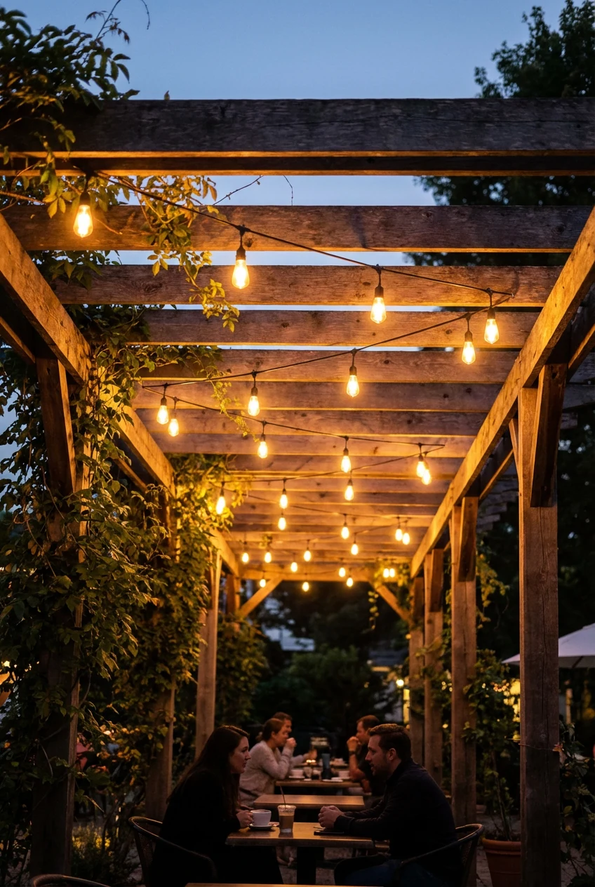 warm café-grade string lights in gentle zigzag over pergola