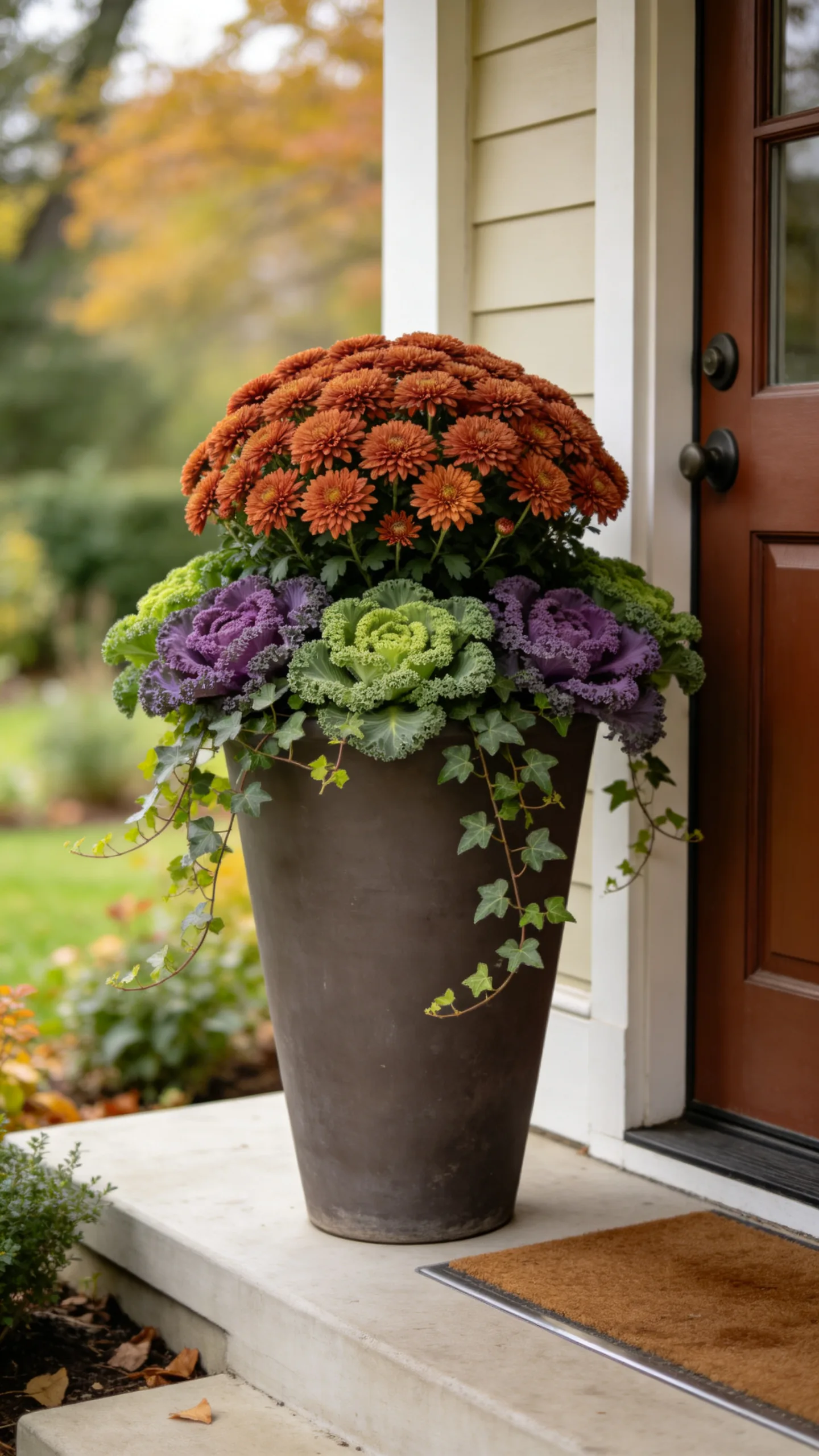 1. Layer Mums, Ornamental Kale, and Trailing Ivy