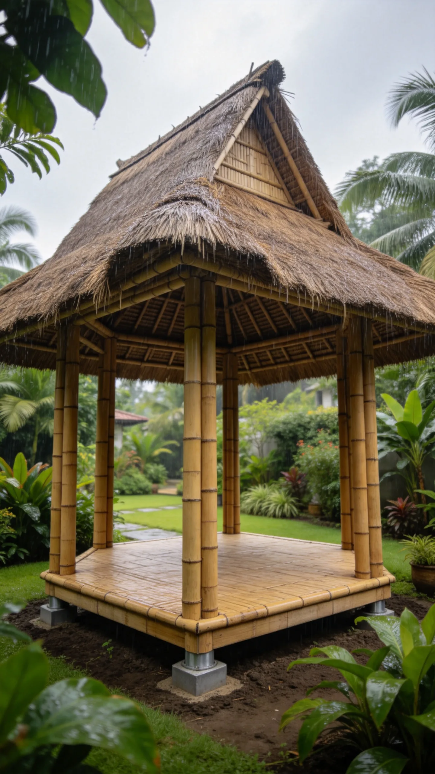1. Open-Sided Gazebo With a Thatched Hip Roof
