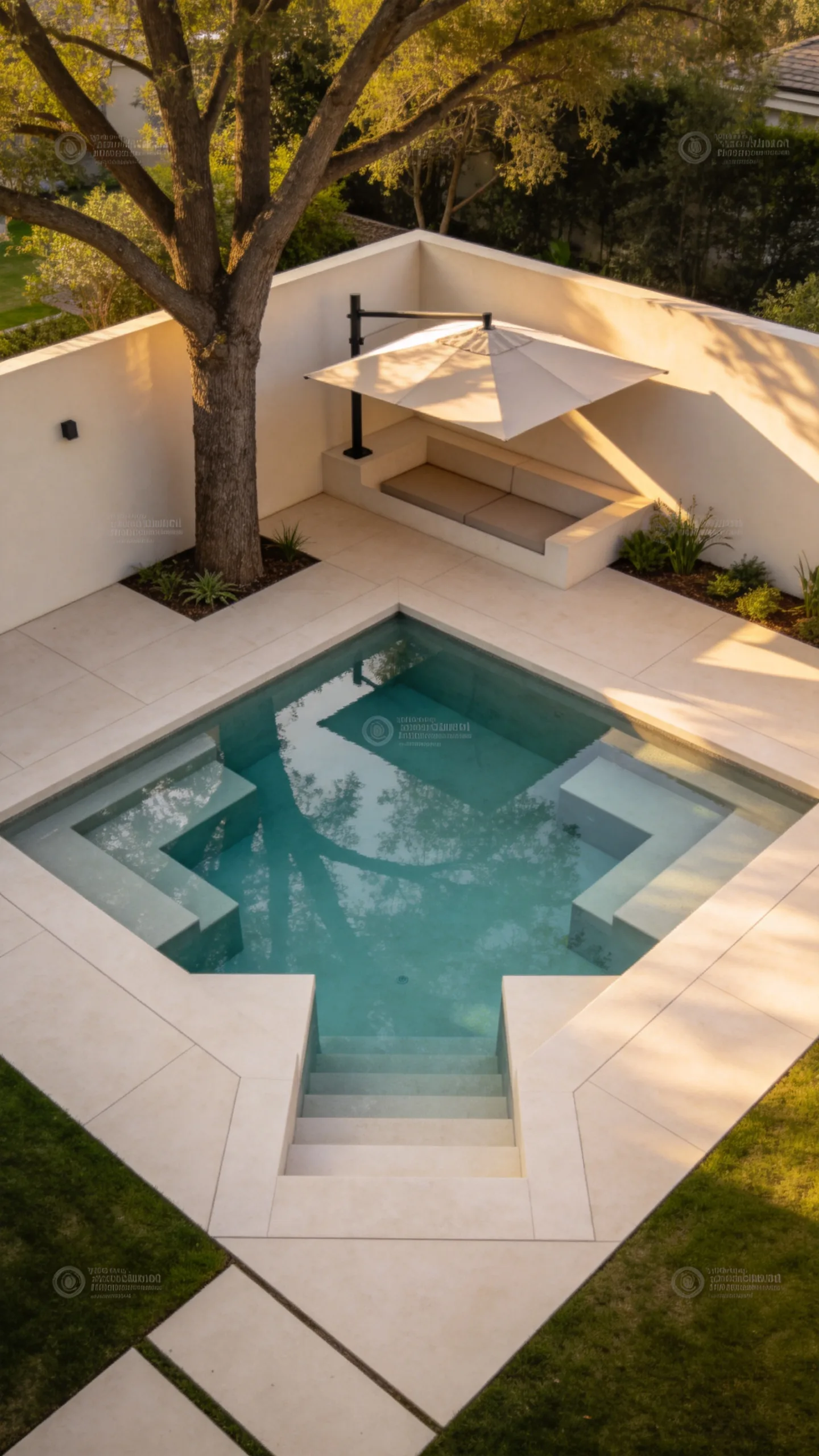 2. Square Plunge Pool With Built-In Bench Seating