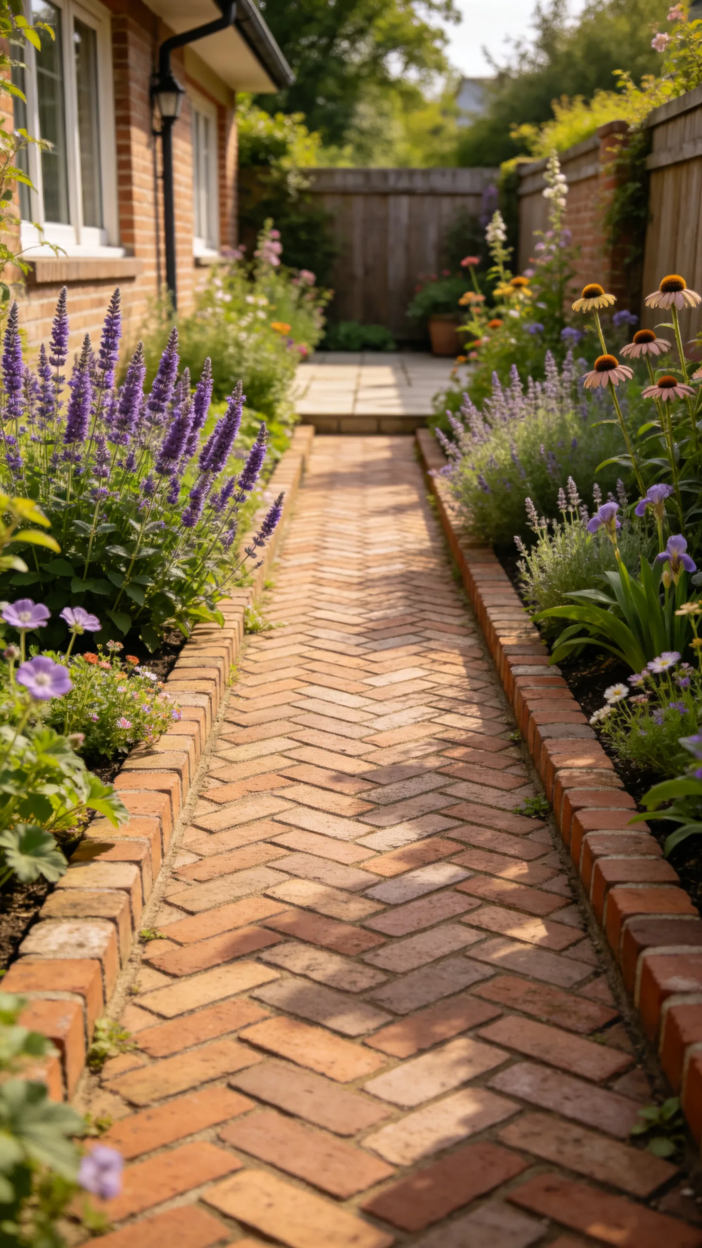 3. Herringbone Brick Path With Cottage Borders