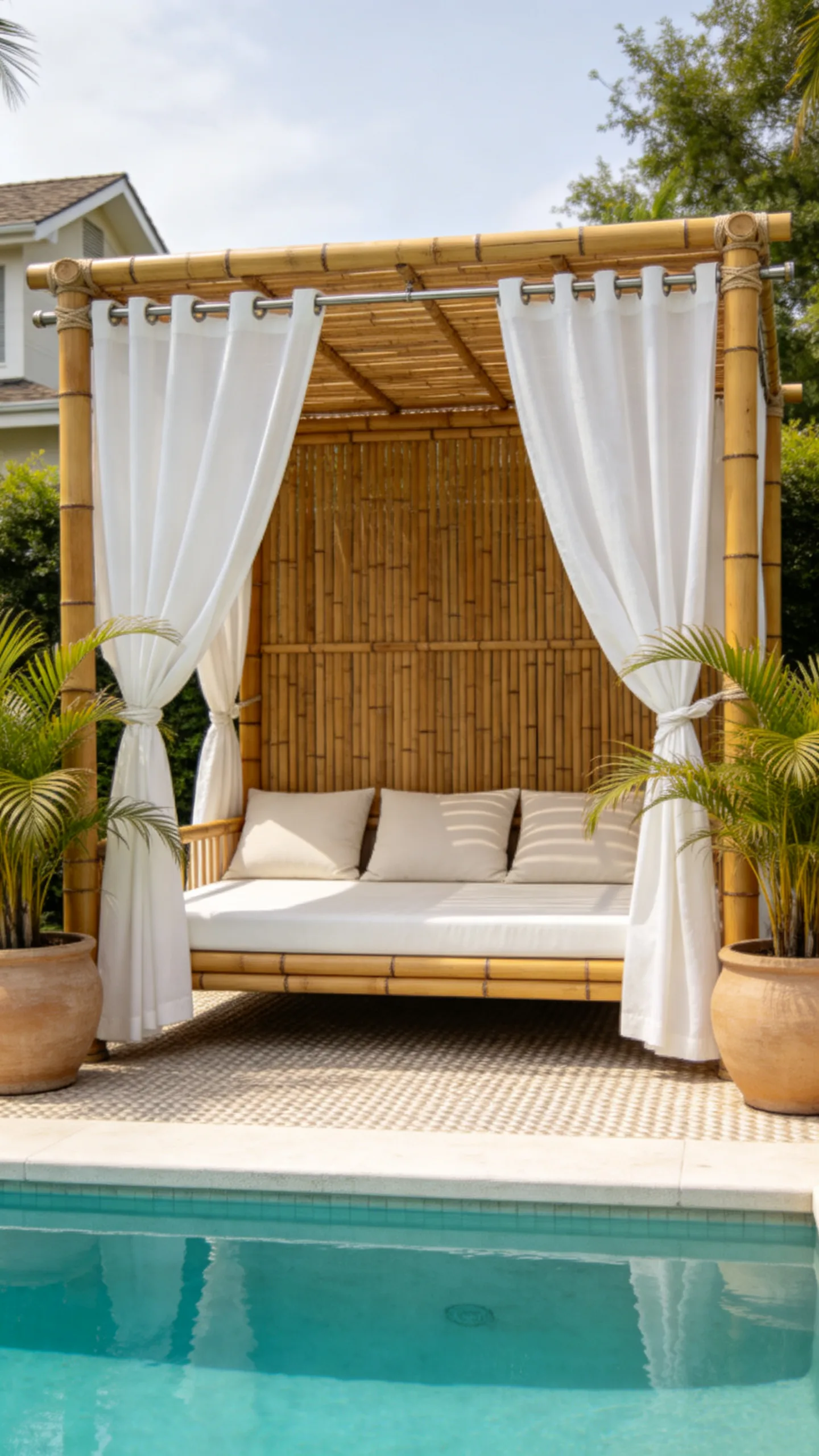 3. Poolside Bamboo Cabana With White Curtains