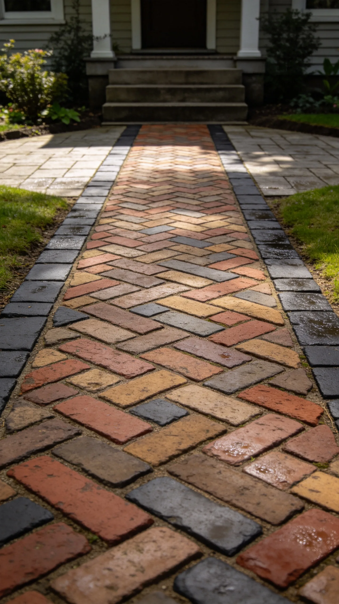 4. Aged Brick Walkway in a Herringbone Pattern