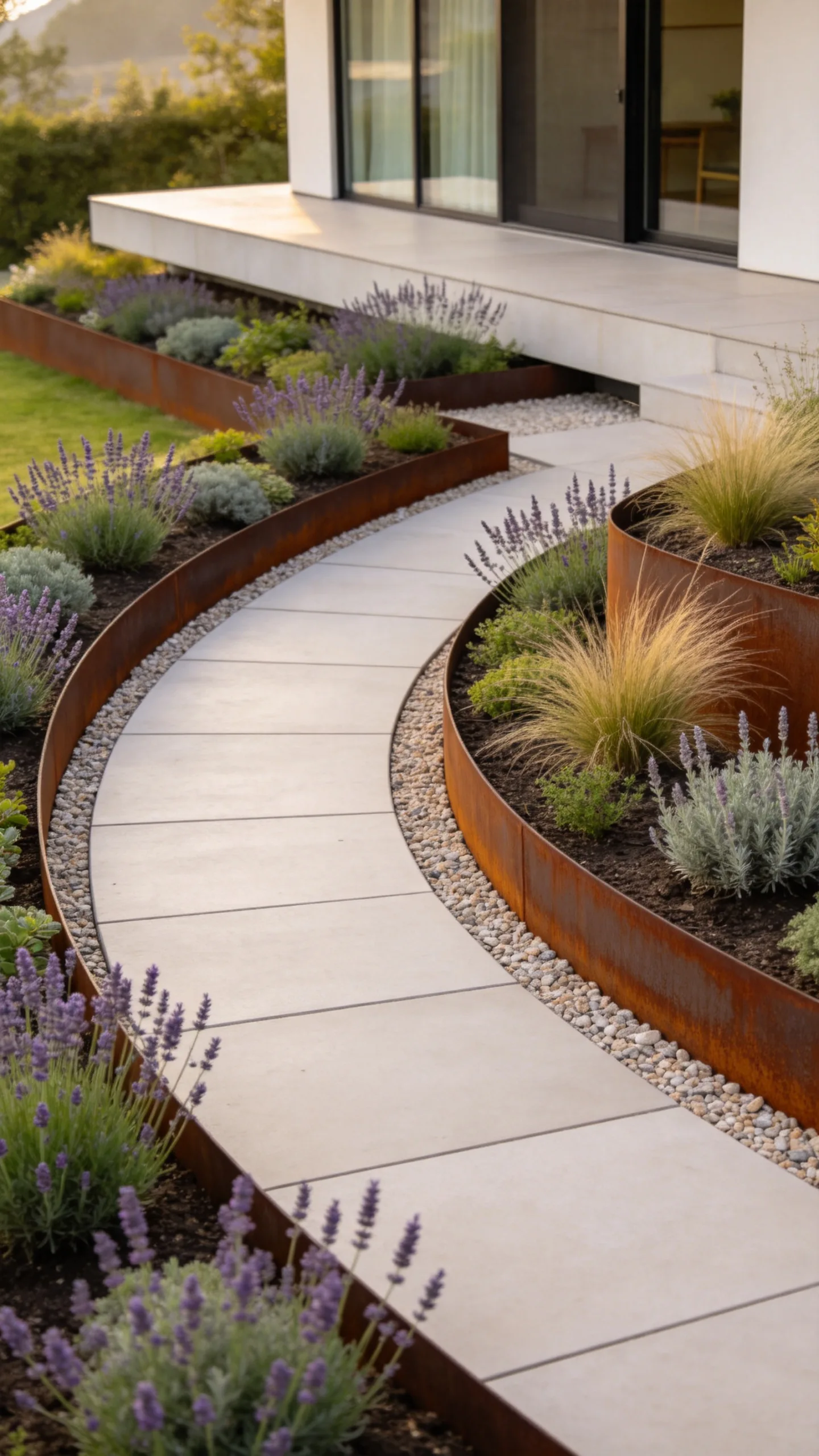 5. Raised Corten Steel Borders Along a Paved Loop