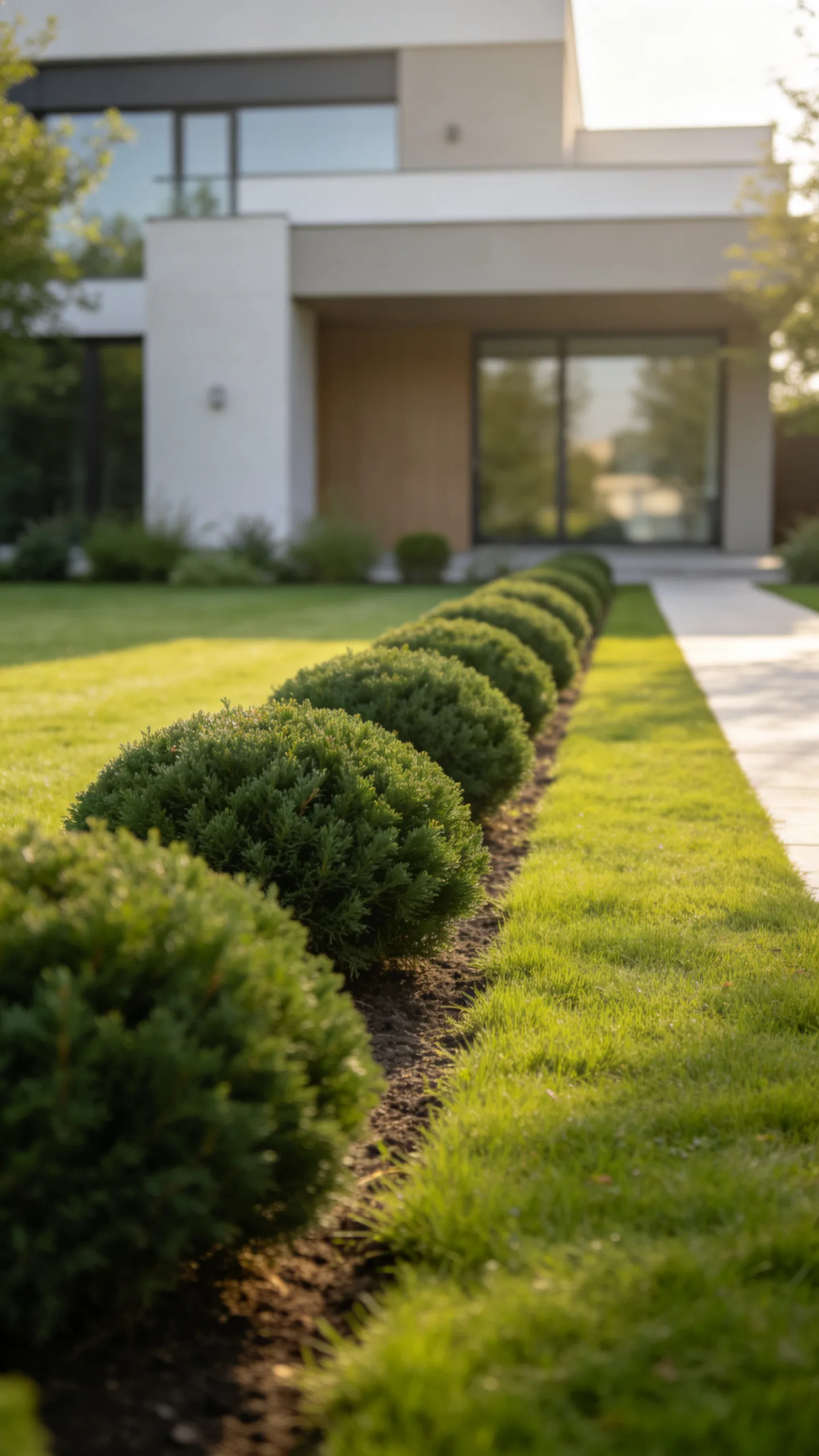 5. Border the Lawn With Low Evergreen Mounds