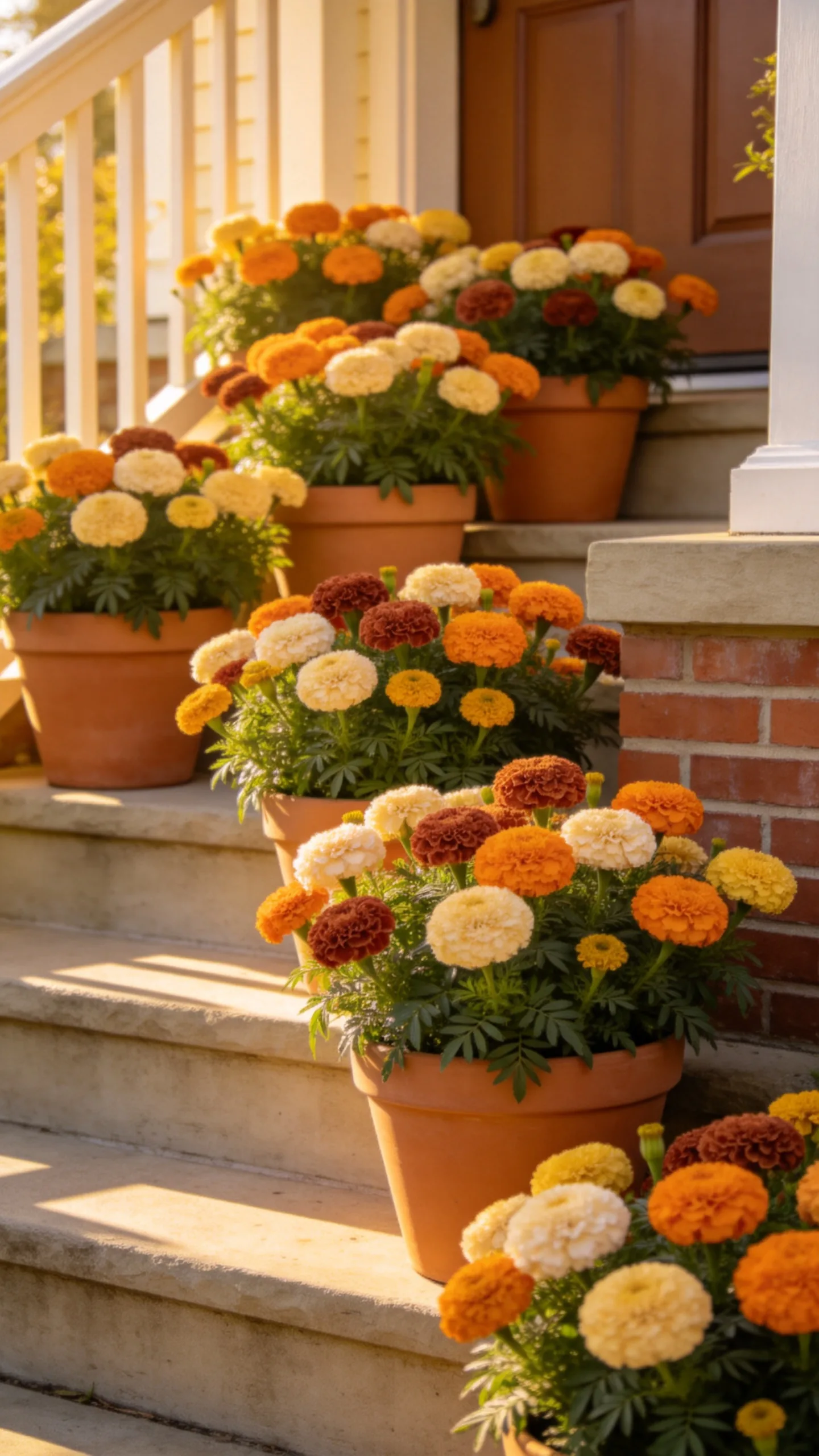7. Marigolds in Bright Entry-Step Pots