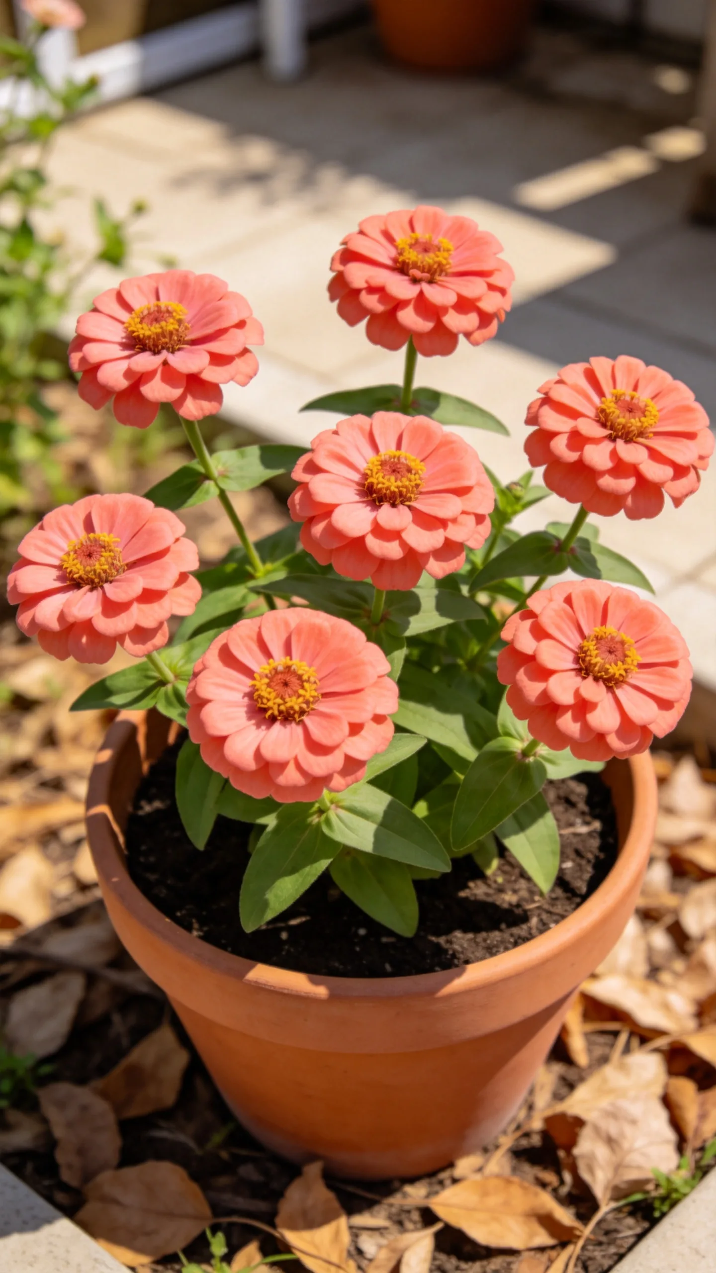 8. Zinnias in a Color-Blocked Patio Pot