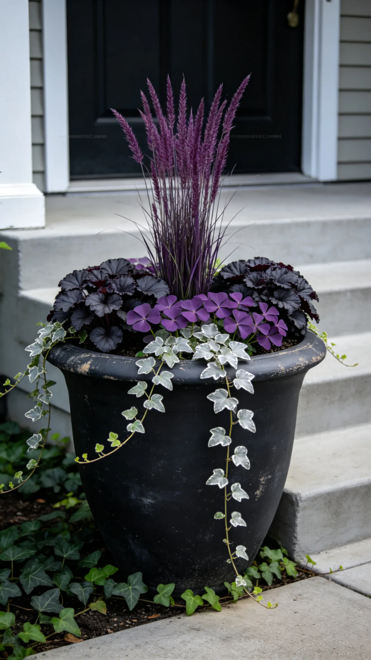 9. Black Urns Filled with Moody Containers