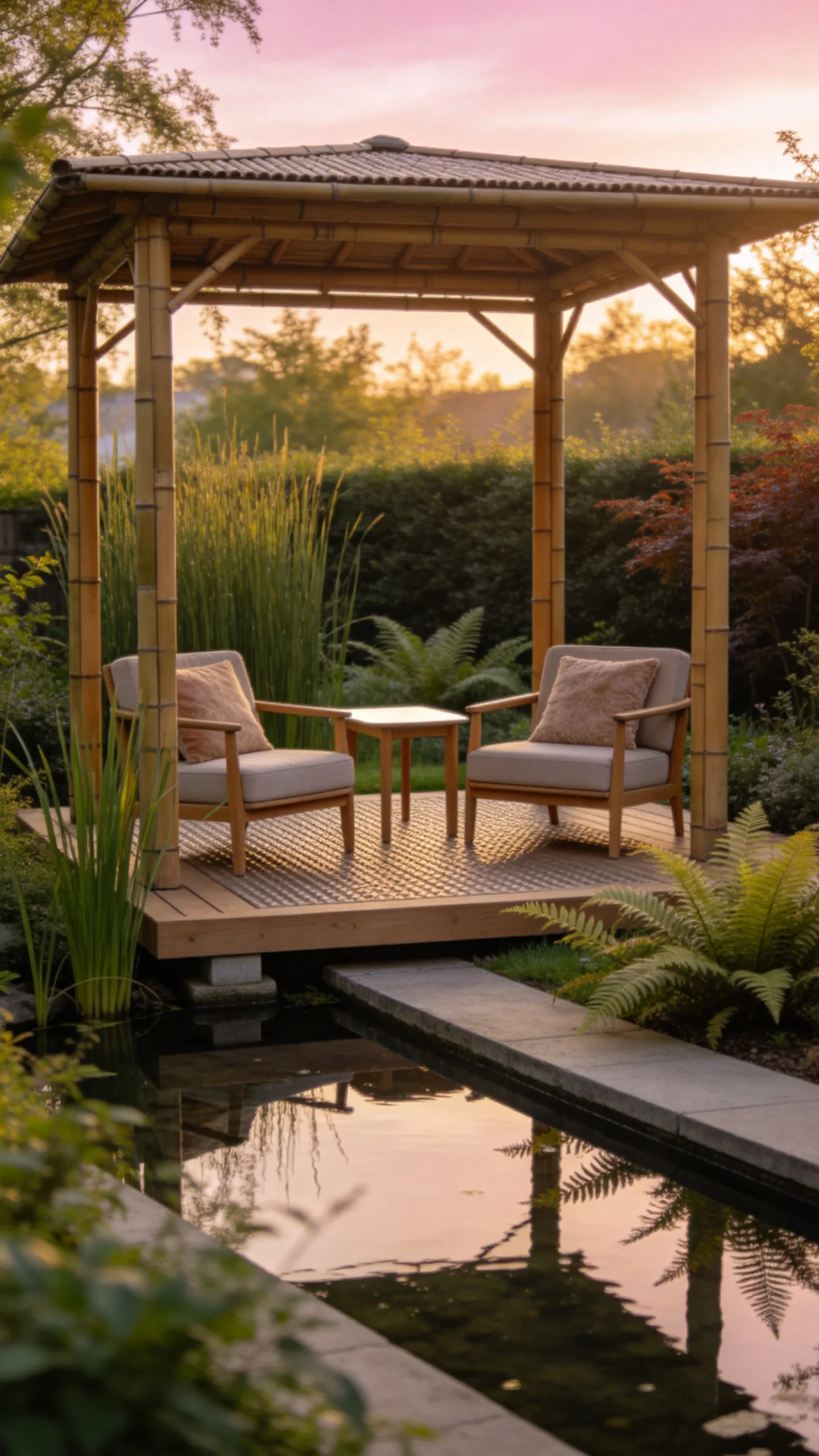 12. Bamboo Tea Gazebo Beside a Pond