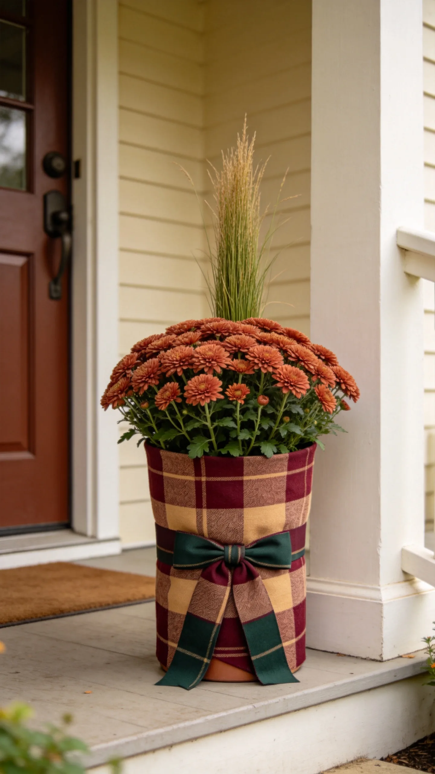 12. Wrap a Tall Planter With a Plaid Ribbon