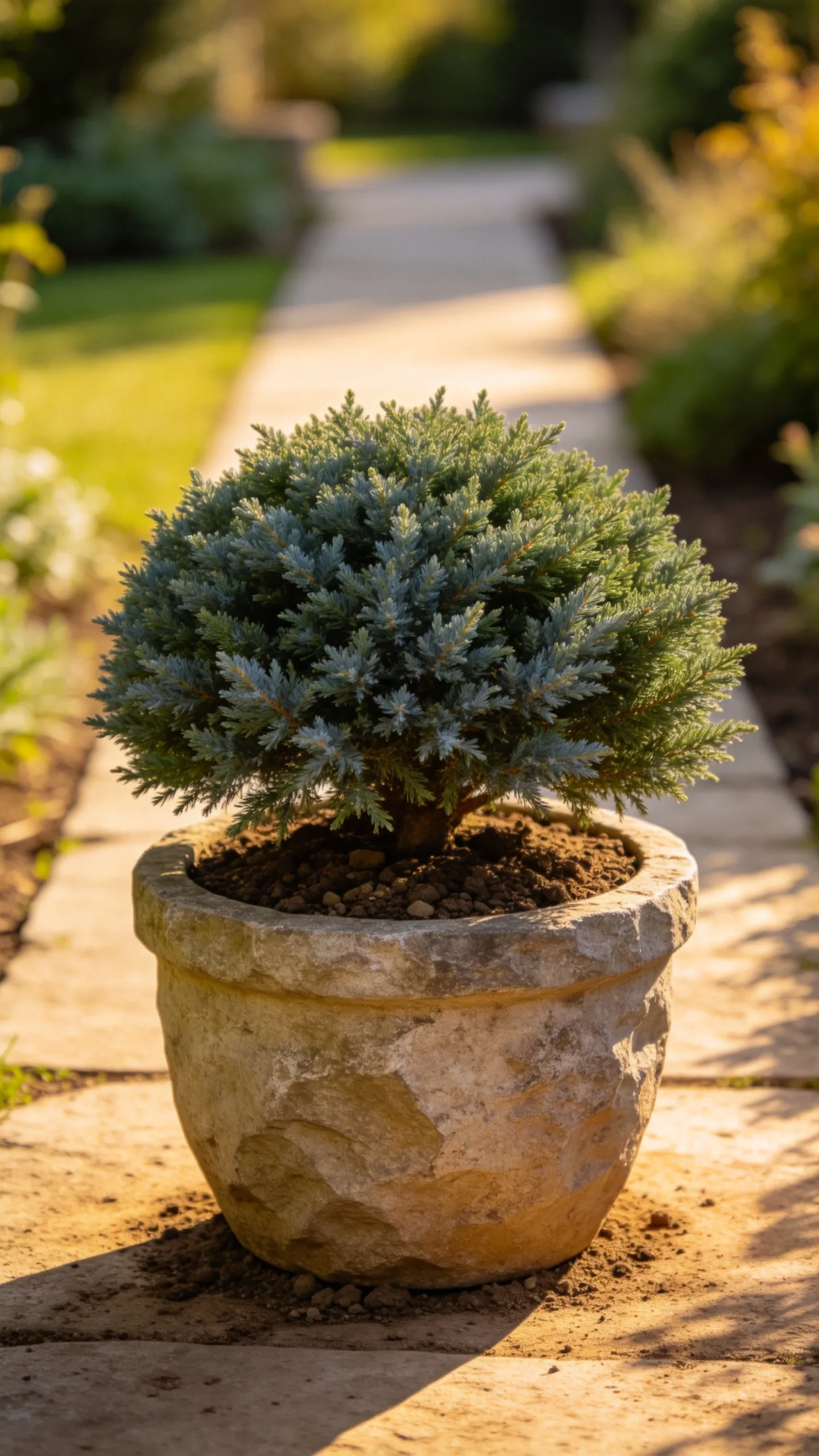 13. Dwarf Juniper in a Rugged Stone Pot