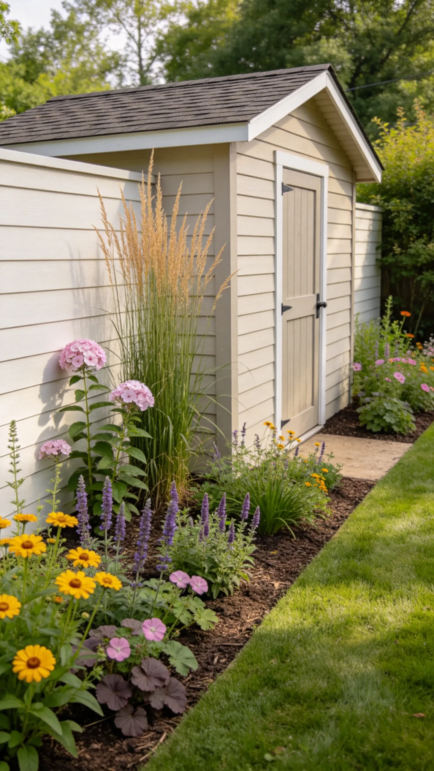 13. Soften a Shed with an L-Shaped Bed