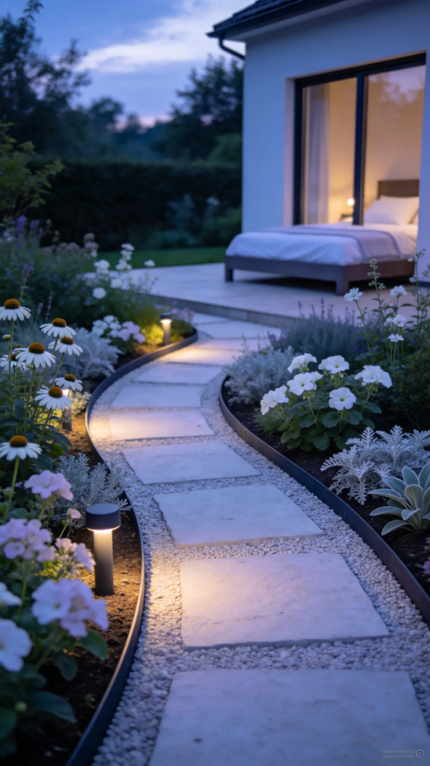 13. Pale Stone Path With a Moon Garden Border
