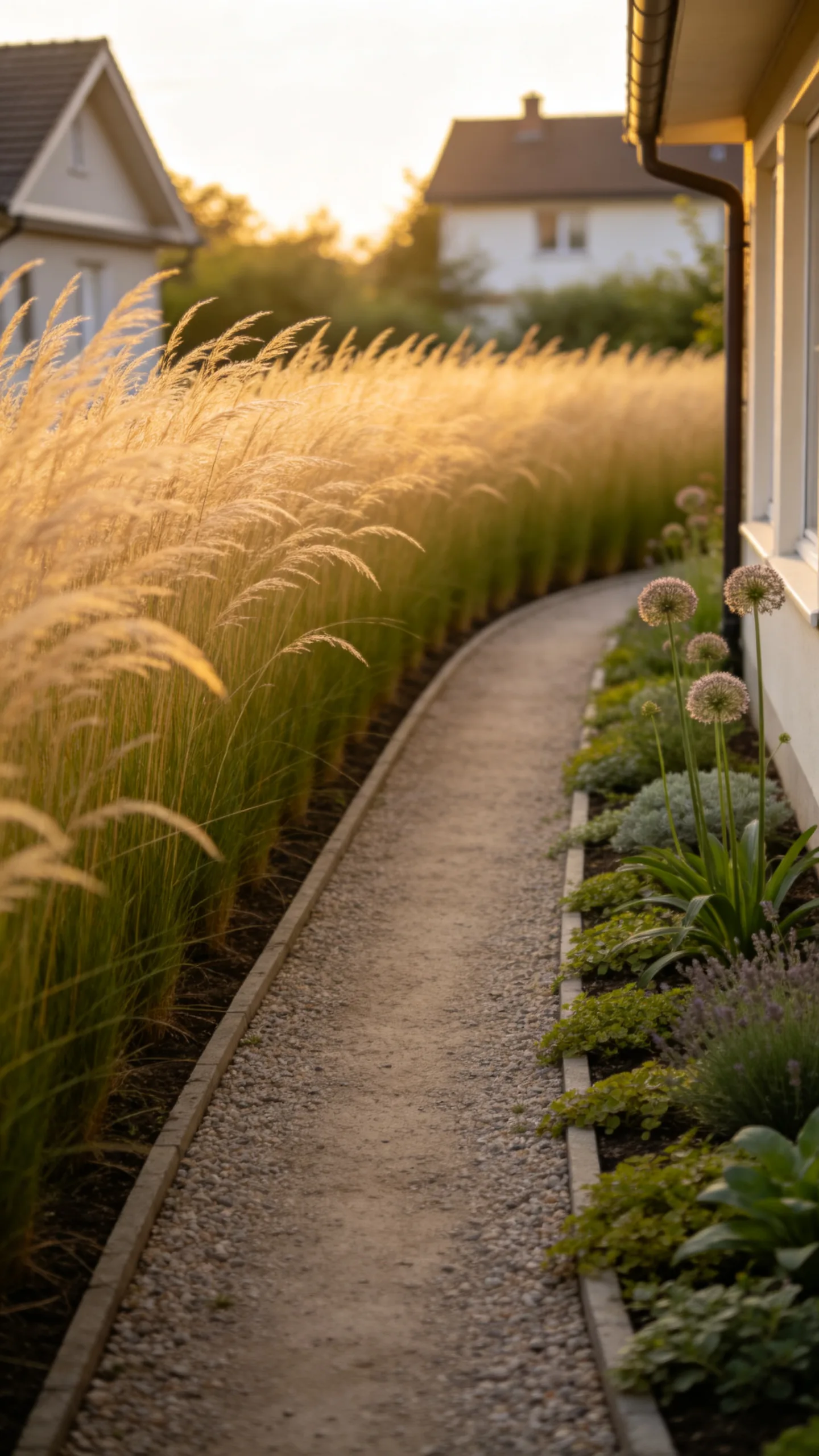 14. Ornamental Grass Border for Side-Yard Privacy