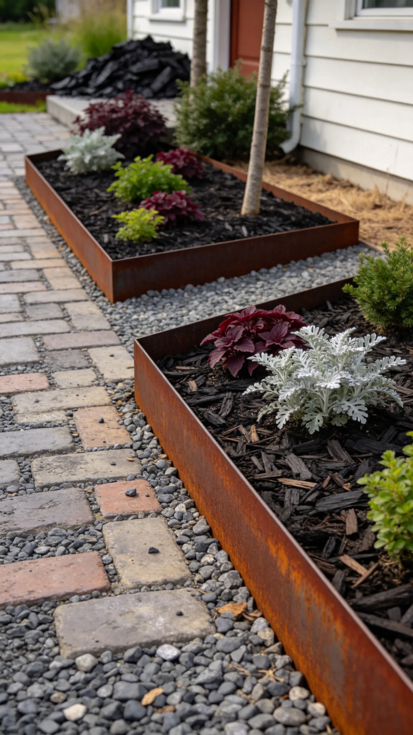 16. Rusted Steel Edging Around Black Mulch Beds