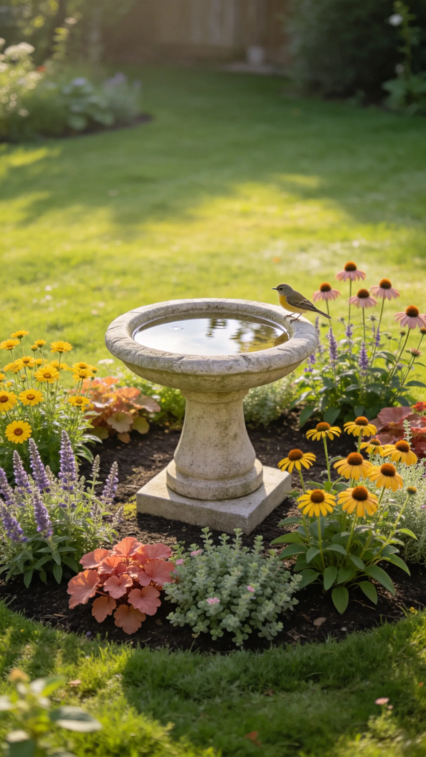 18. Surround a Birdbath with Compact Blooms